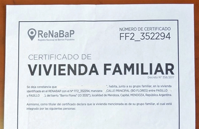 Certificado de Vivienda Familiar RENABAP